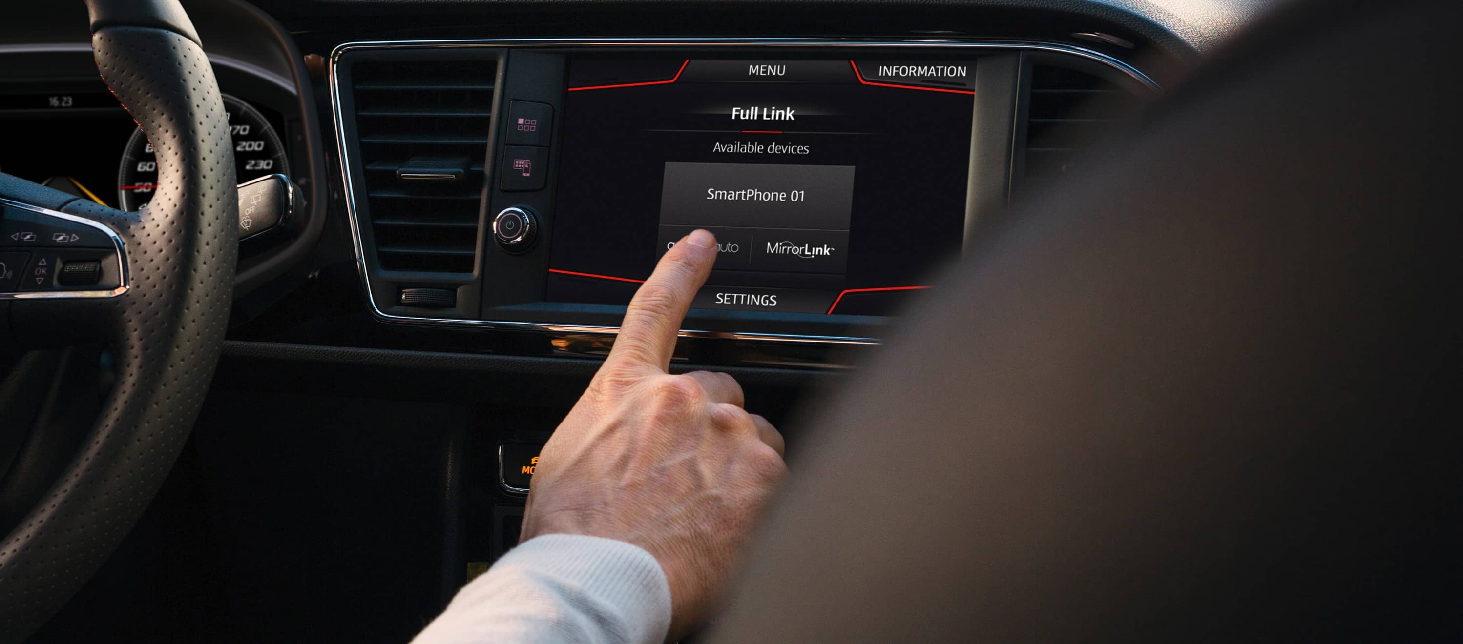 MirrorLink connected car and smartphone. Apps on digital dashboard